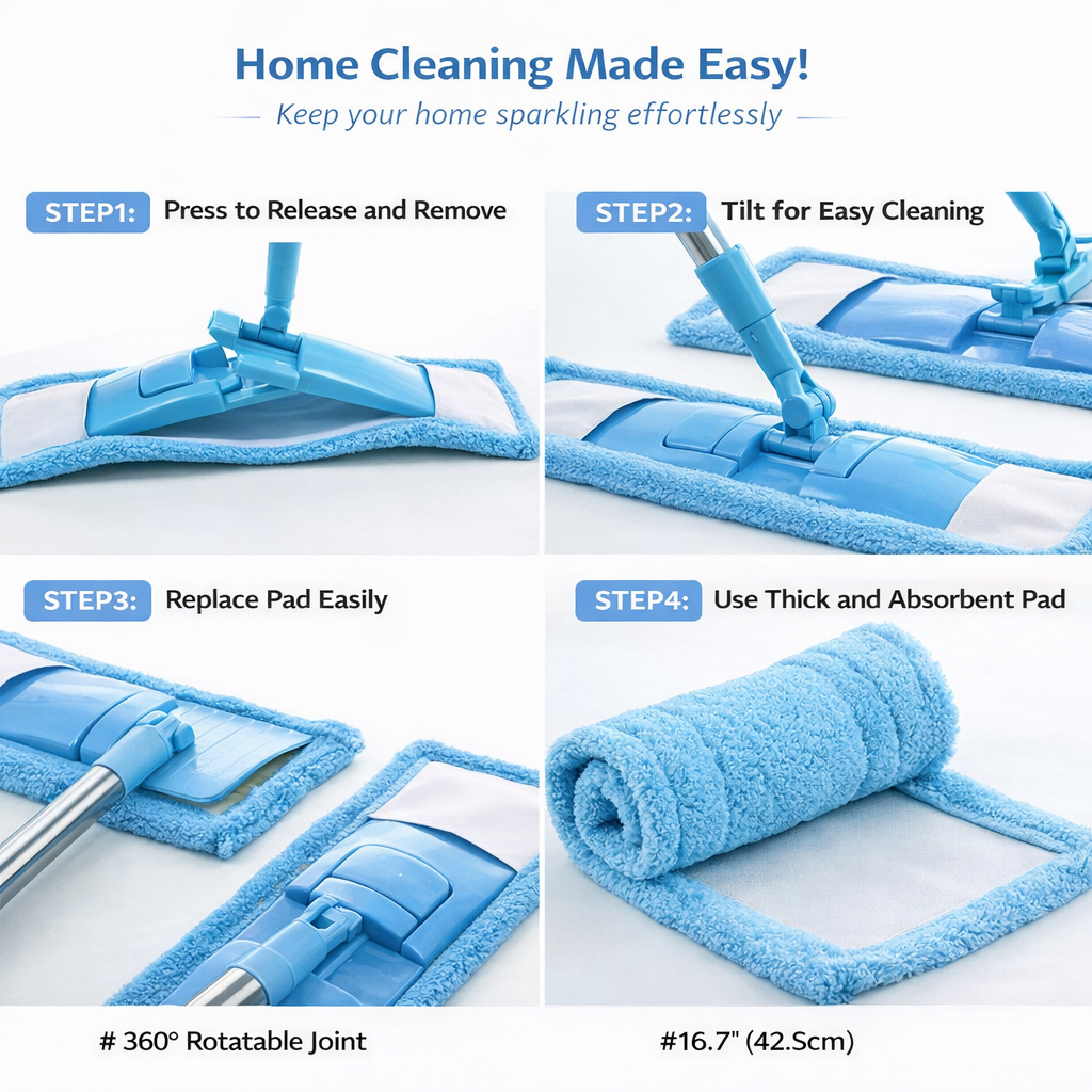 KUBOZN™ Detachable Coral Fleece Flat Mop with Stainless Steel Handle
