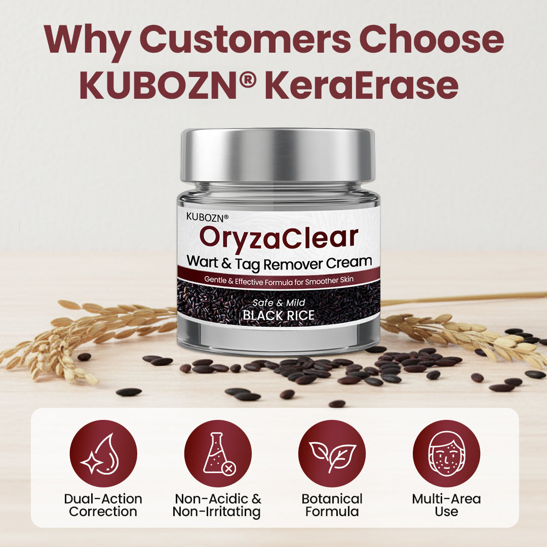 🌿KUBOZN® OryzaClear – Black Rice Softening Cream · Botanical Care for Skin Tags & Uneven Texture